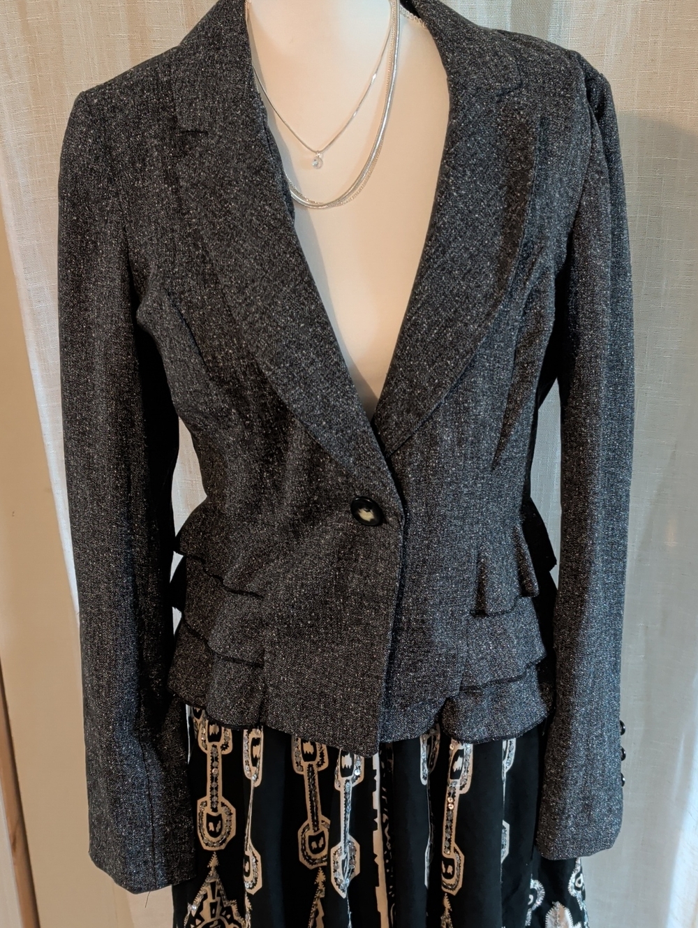 Iz Byer Charcoal Gray Single-Button Ruffled Peplum Blazer